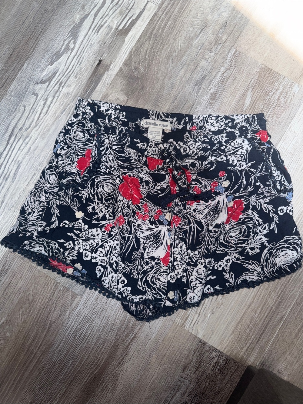 Charlotte Russe Black Floral High Waist Shorts with Red Accents